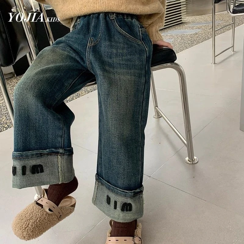 女童加绒裤子冬装2023新款洋气一体绒小女孩直筒裤加厚儿童牛仔裤