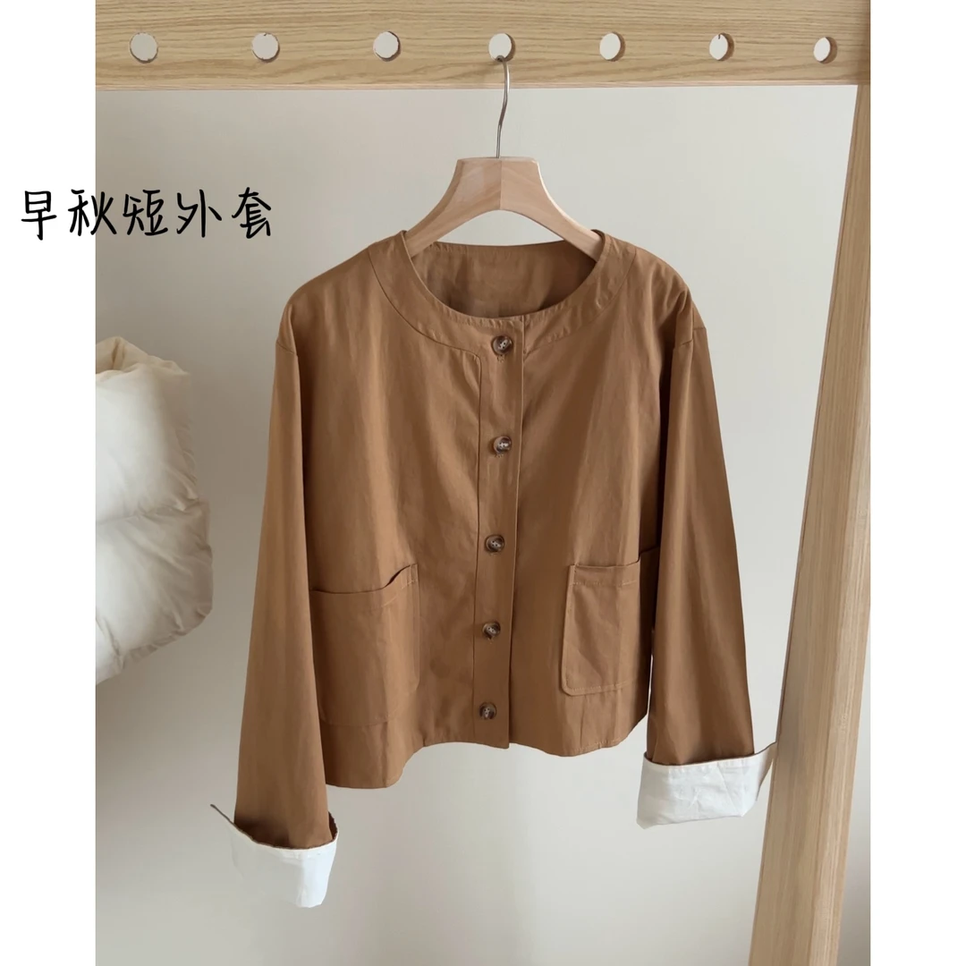 S0021-卡卡乌龙袖口卷边撞色圆领外套女早秋款韩系宽松显瘦上衣女