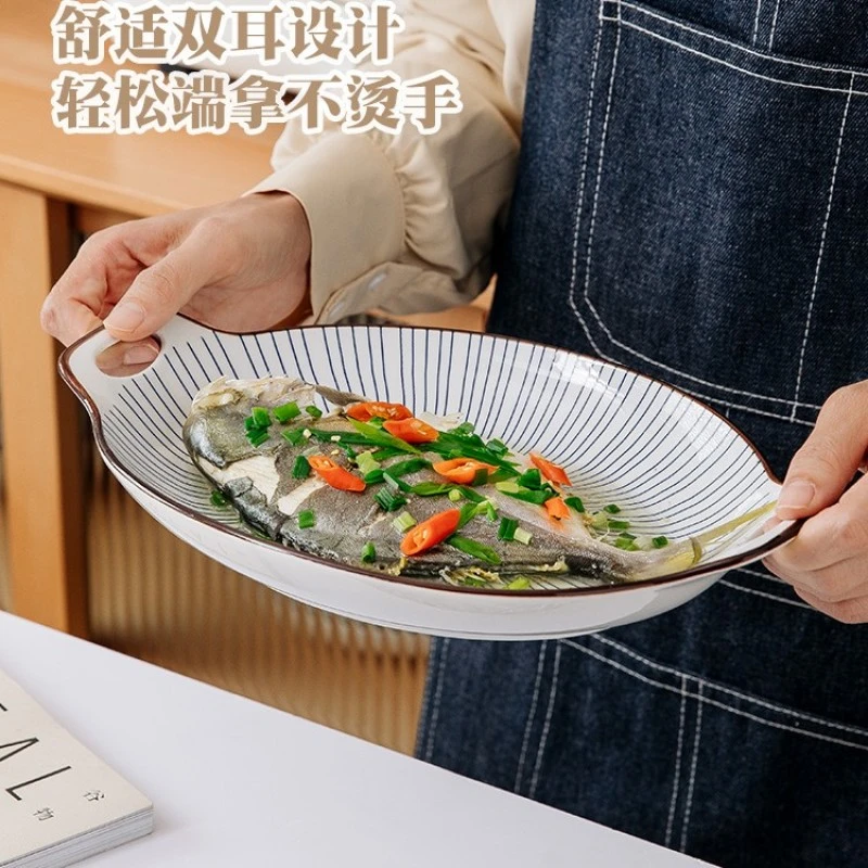 青花釉下彩陶瓷餐具12英寸商用大号双耳鱼盘蒸鱼长盘