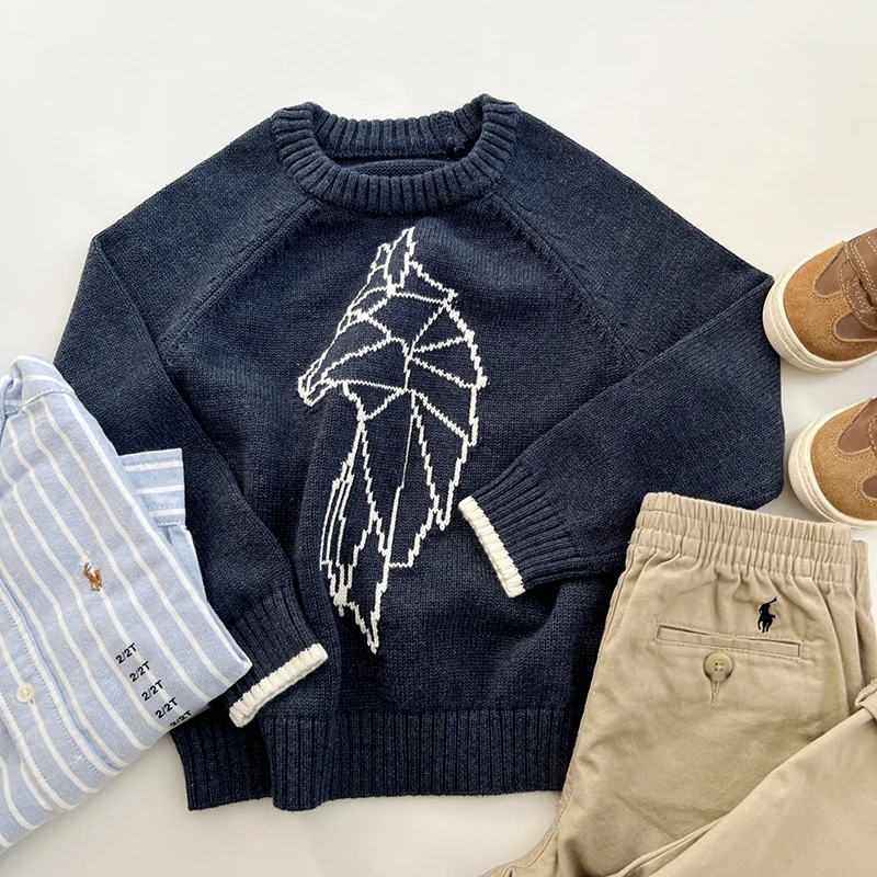 【手心外贸】秋冬新款 儿童圆领提花休闲套头毛衣针织衫