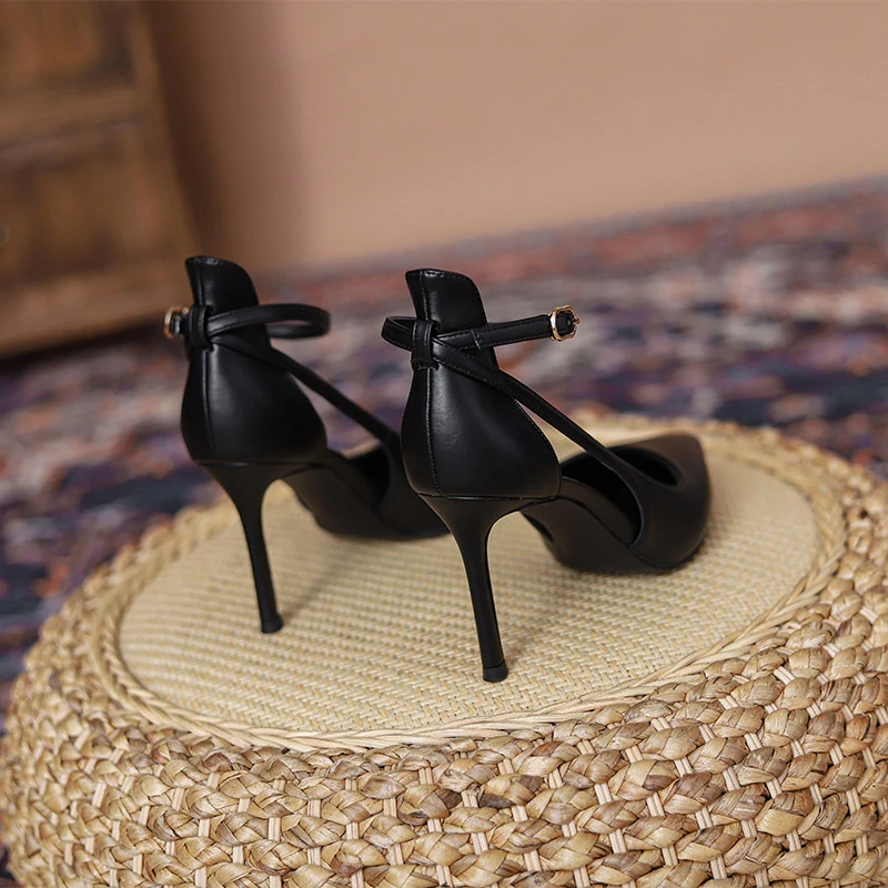 飞燕女鞋秋冬新款手工一字带高跟鞋尖头空气垫不累脚黑色单鞋通勤