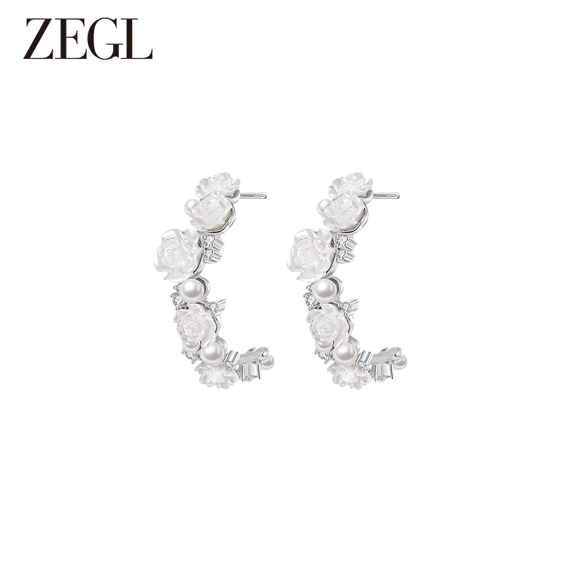 ZEGL 铜合金耳饰 设计师冰透玫瑰系列花朵耳环女法式小众耳钉耳饰