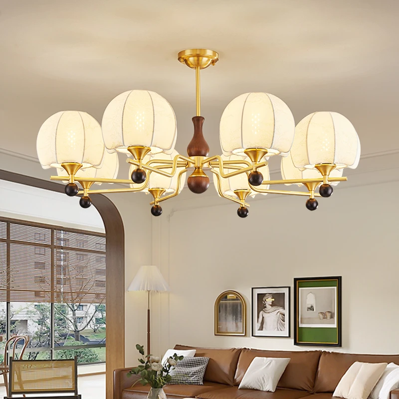 全铜中古风客厅吊灯复古南洋布艺大厅主灯诧寂风白蜡木餐厅卧室灯