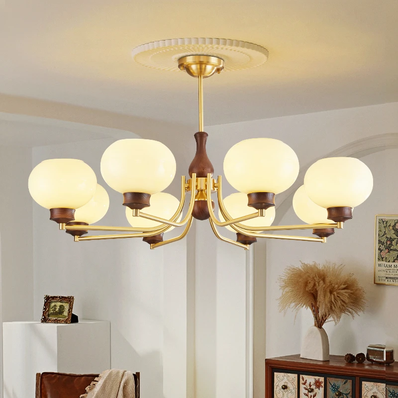 中古风全铜吊灯客厅灯白蜡木美式复古2025年新款餐厅卧室中山灯饰