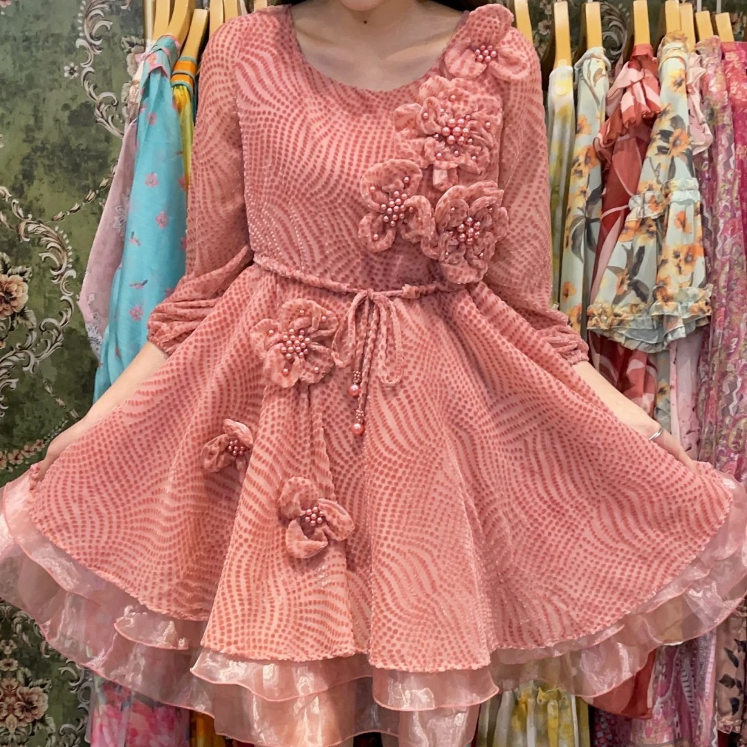 2024秋季新款植绒烧花七朵花高腰抽绳显瘦连衣裙98710