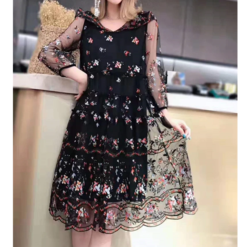 2024秋季新款连帽碎花时尚百搭宽松女裙中长款连衣裙98747