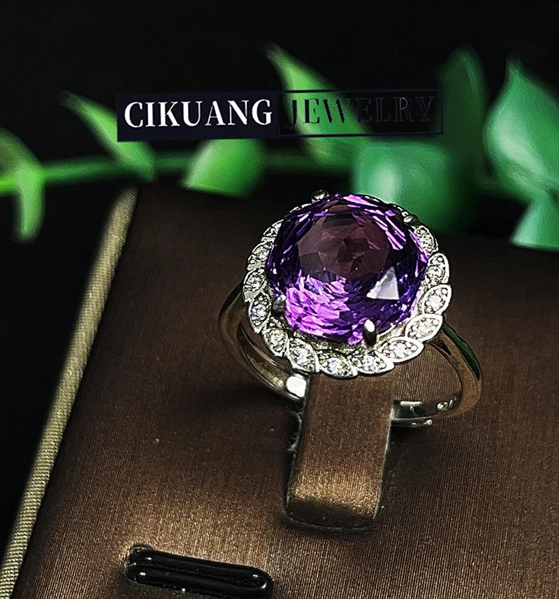 天然紫水晶开口戒子s925银镶嵌玫瑰切工10x10mm点位