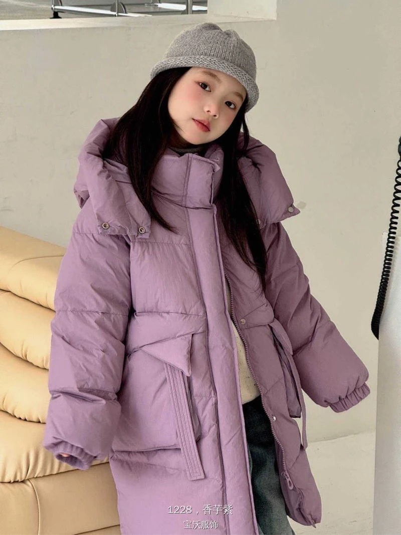 爆款Bo家长款紫色女童中长款加厚羽绒保暖休闲外套儿童羽绒服