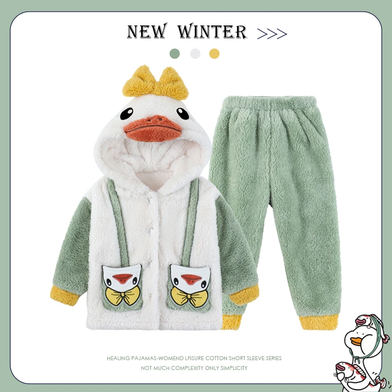 儿童睡衣法兰绒冬季女童珊瑚绒加厚款套装肥胖女中大童可爱家居服