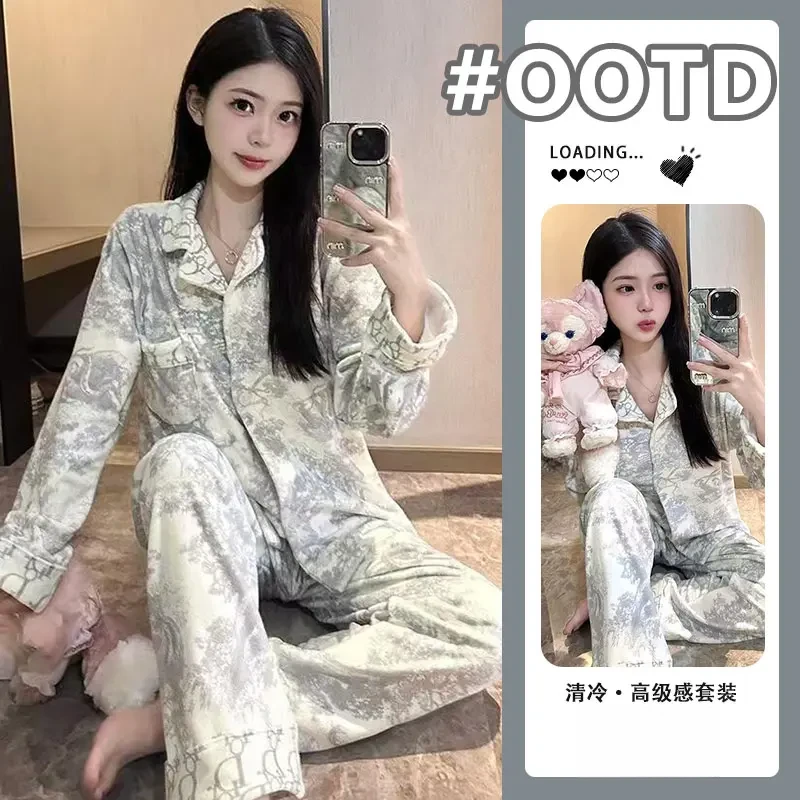 秋冬糯叽叽德绒睡衣女水墨绘画风高级清冷感长袖可外穿家居服套装