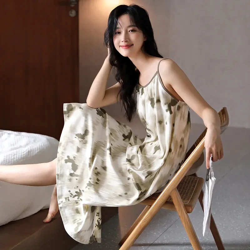 【现货】带胸垫连衣裙夏季女吊带防凸点中长款大码2024新款家居服