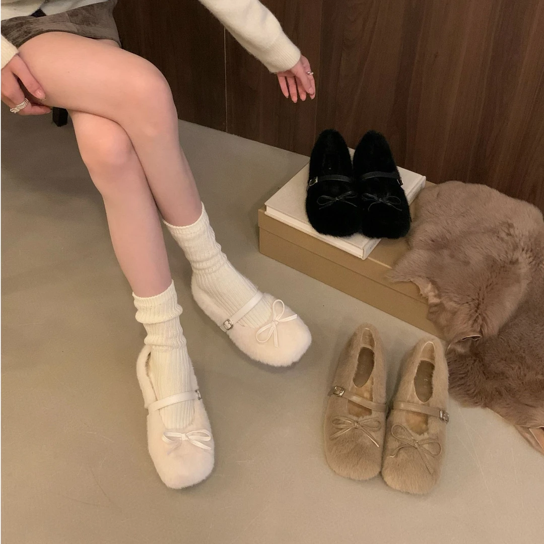 韩版蝴蝶结内增高毛毛鞋女2024年秋冬新款一字皮带扣方头浅口单鞋