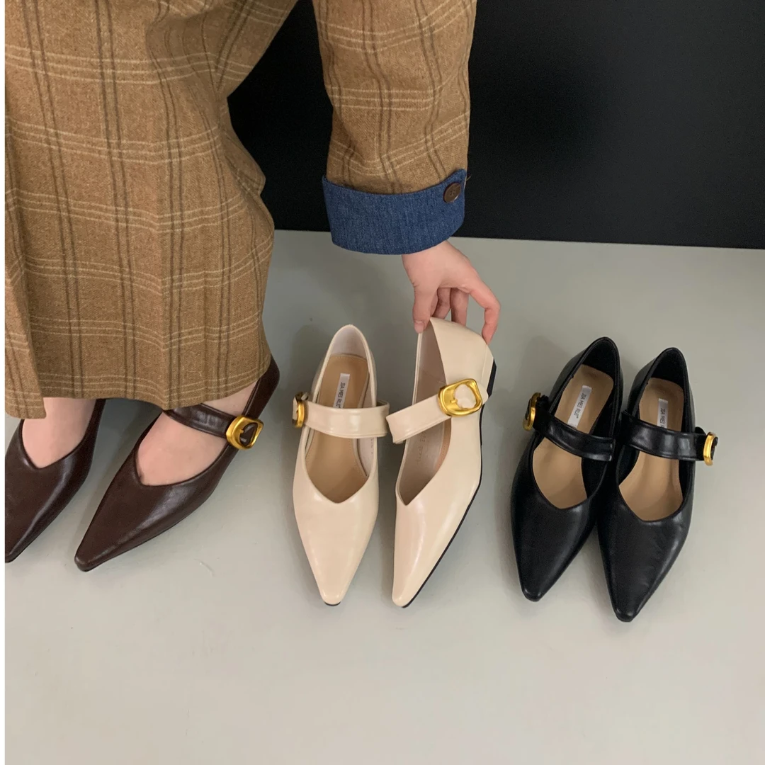 922-5 气质单鞋女舒适平底瓢鞋皮带扣时尚尖头浅口一字带玛丽珍鞋