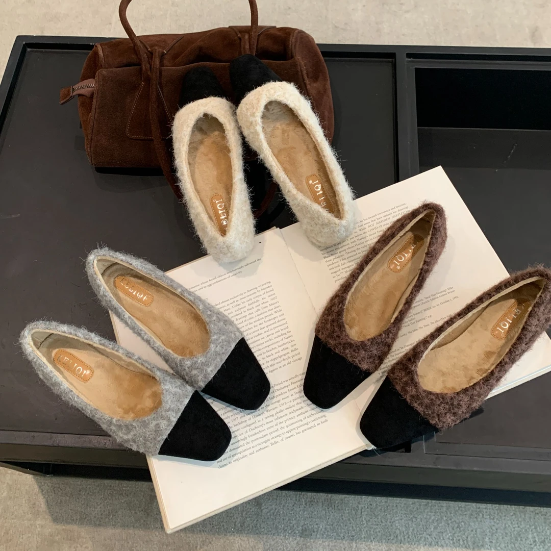 经典复古拼色小方头浅口单鞋平底外穿女加绒毛毛鞋法式一脚蹬瓢鞋