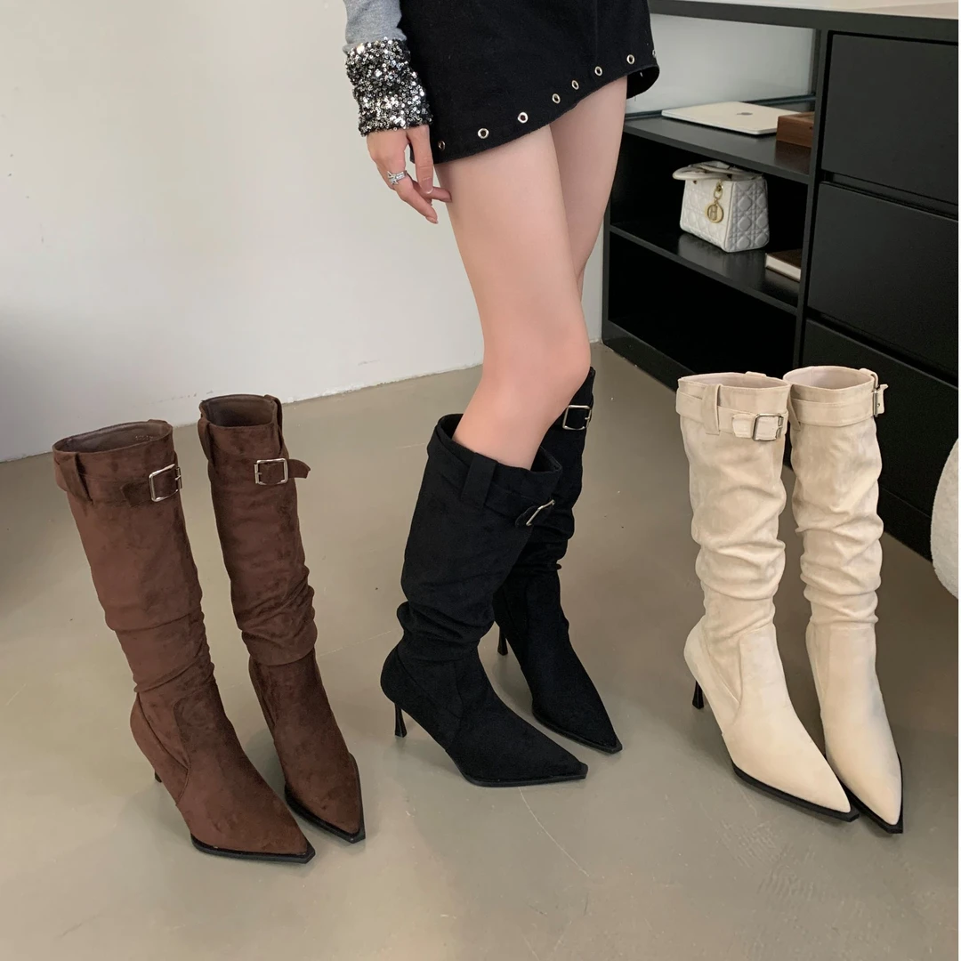 骑士靴女2024年细跟秋冬款西部靴高筒薄款复古显瘦褶皱堆堆靴长靴