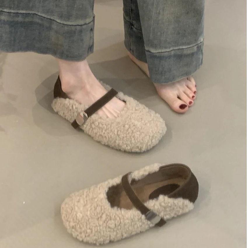 C9797-3 毛毛鞋女外穿2024年秋冬仙女风保暖加绒一脚蹬玛丽珍棉鞋