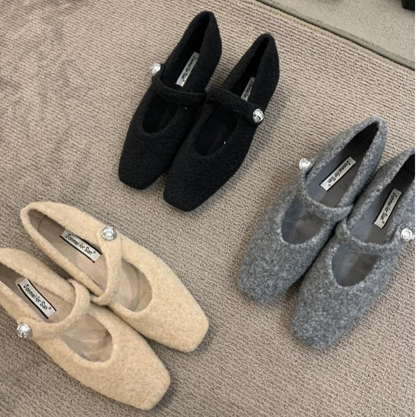 1973-5 呢子方头浅口单鞋女秋冬新款温柔仙女风复古气质玛丽珍鞋