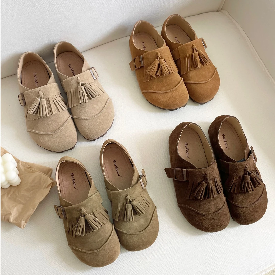 磨砂皮勃肯鞋女平底2024新款复古休闲一脚蹬单鞋软底流苏豆豆鞋女