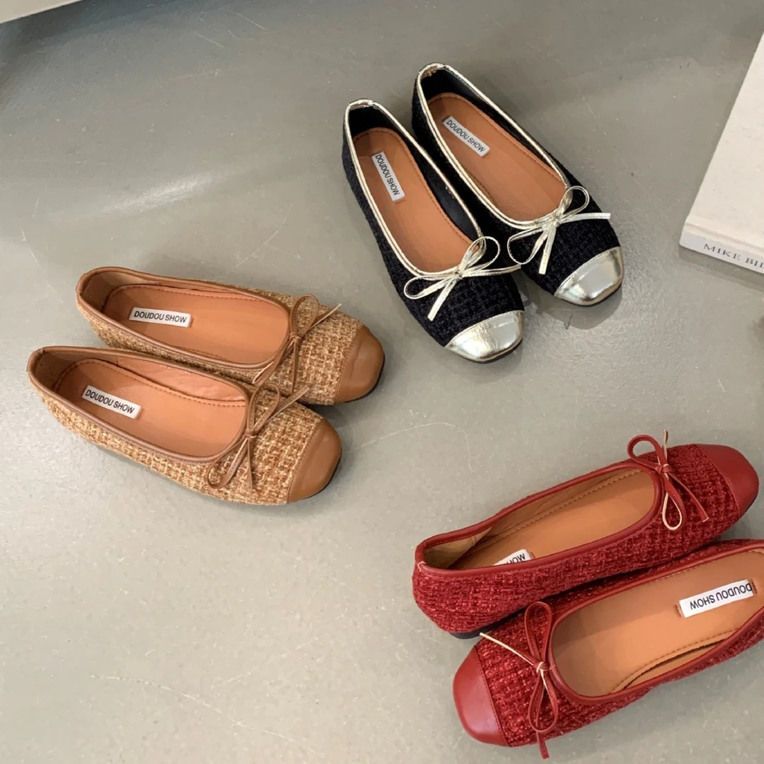 小香风温柔蝴蝶结平底单鞋女鞋2024新款拼色法式晚晚风瓢鞋奶奶鞋