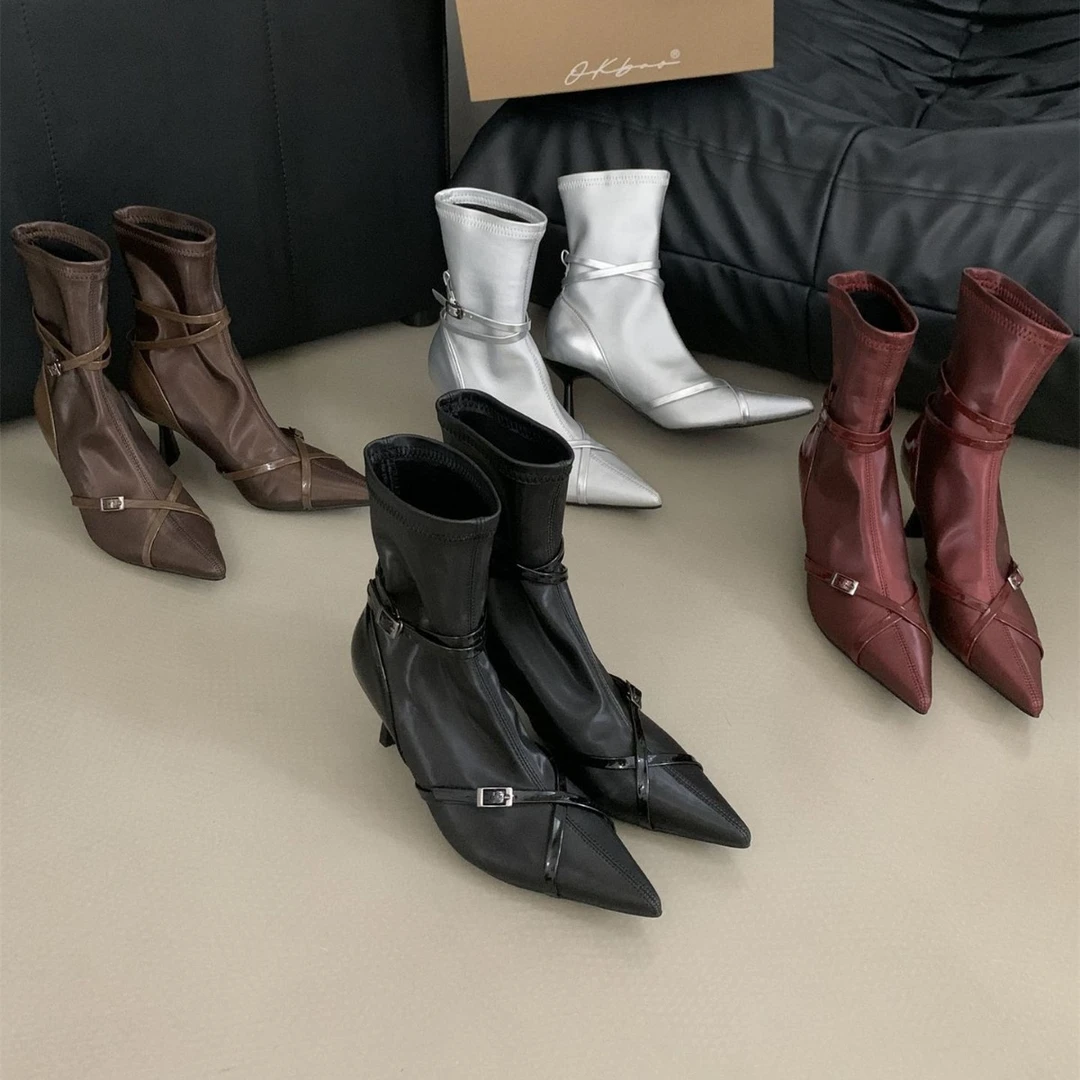 甜美气质蝴蝶结裤管靴方头粗跟单靴子套筒中跟时装靴低筒靴2024年