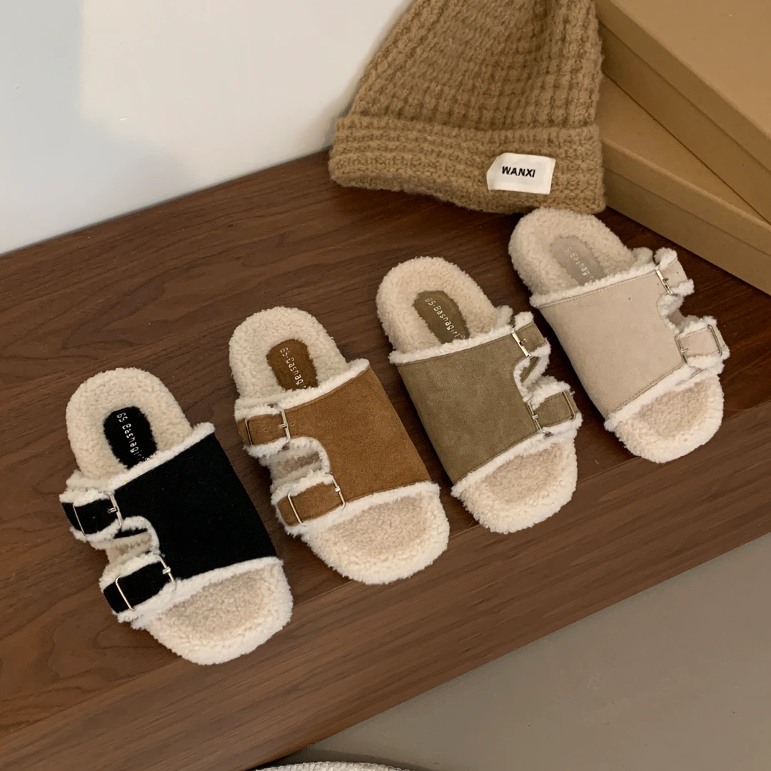 厚底2024新款春秋冬季女鞋磨砂皮毛拖鞋女外穿平底棉拖鞋子皮带扣