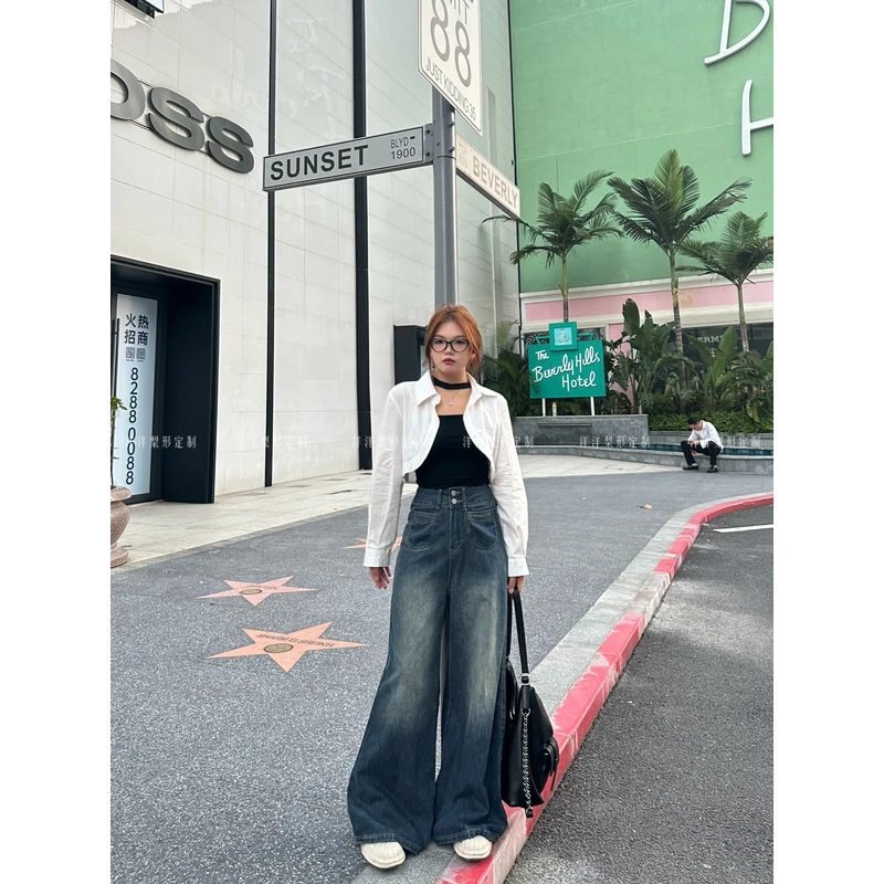 《青苍》大码深蓝高腰阔腿牛仔裤女夏双排扣设计复古百搭牛仔裤