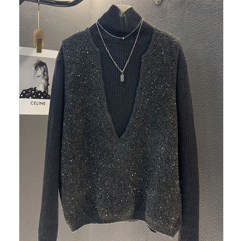 【星野】重工细闪V领针织马甲秋冬季外搭叠穿毛衣