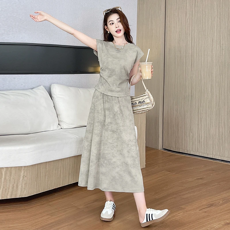 时尚晕染印花套装女2024年春夏新款坎肩收腰飞袖上衣长款半身裙子