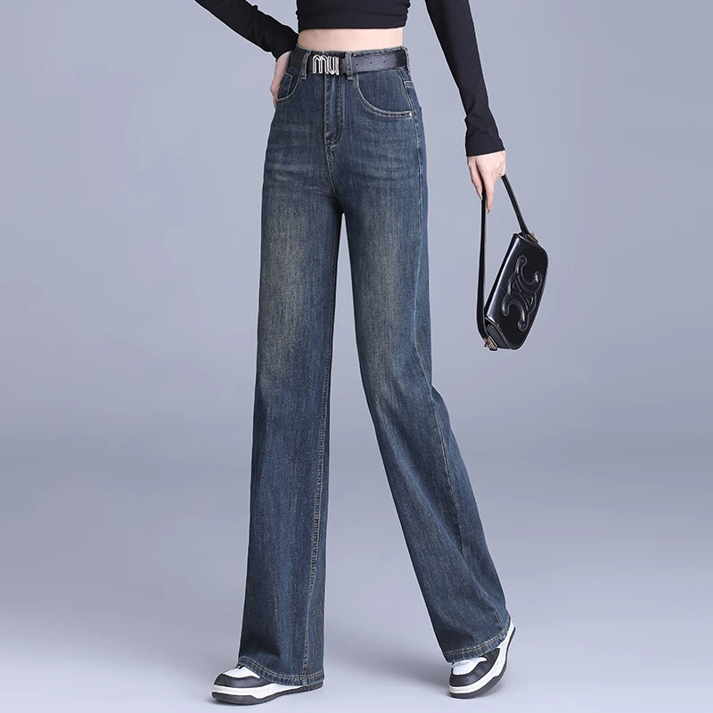 正品高端2025春秋新款时尚复古高腰直筒宽松显瘦窄版阔腿牛仔裤子