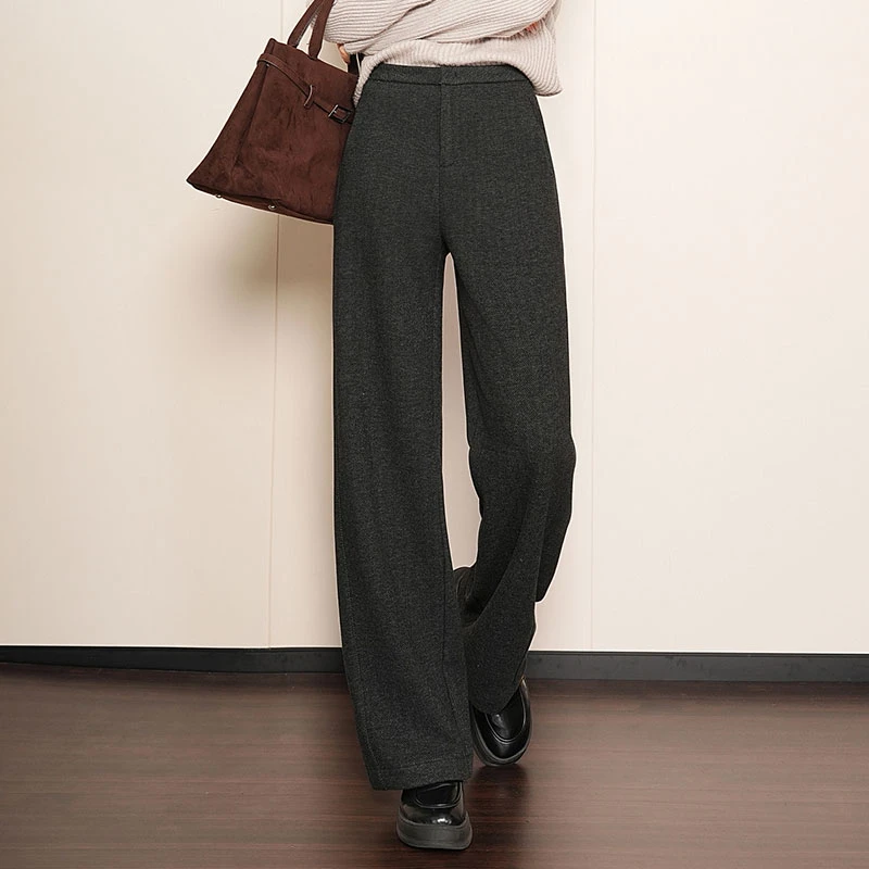 正品高端新款羊毛呢窄版直筒裤女秋冬加厚高腰显瘦垂感休闲阔腿裤