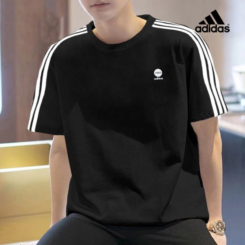 阿迪达斯短袖新款运动服黑色三条纹半袖圆领T恤透气时尚HD4666