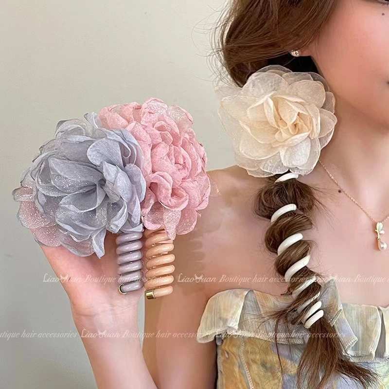 浪漫春夏~超仙花朵电话线发圈女生泡泡辫编发神器网纱花朵发绳G