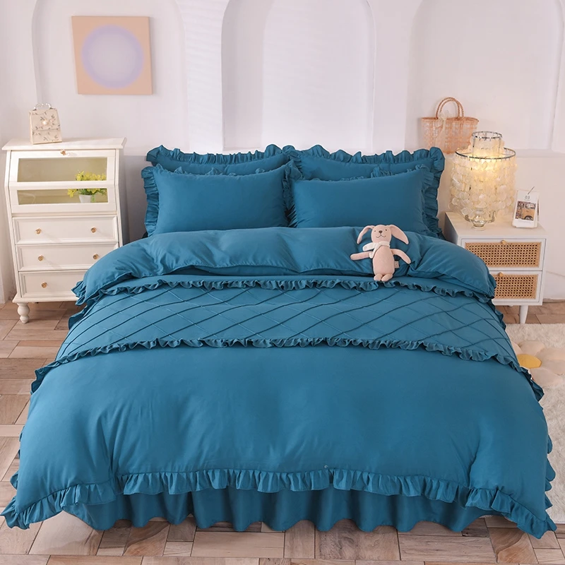 韩版花边公主风亲肤磨毛纯色花边床裙款网红四件套简约欧式-邂逅