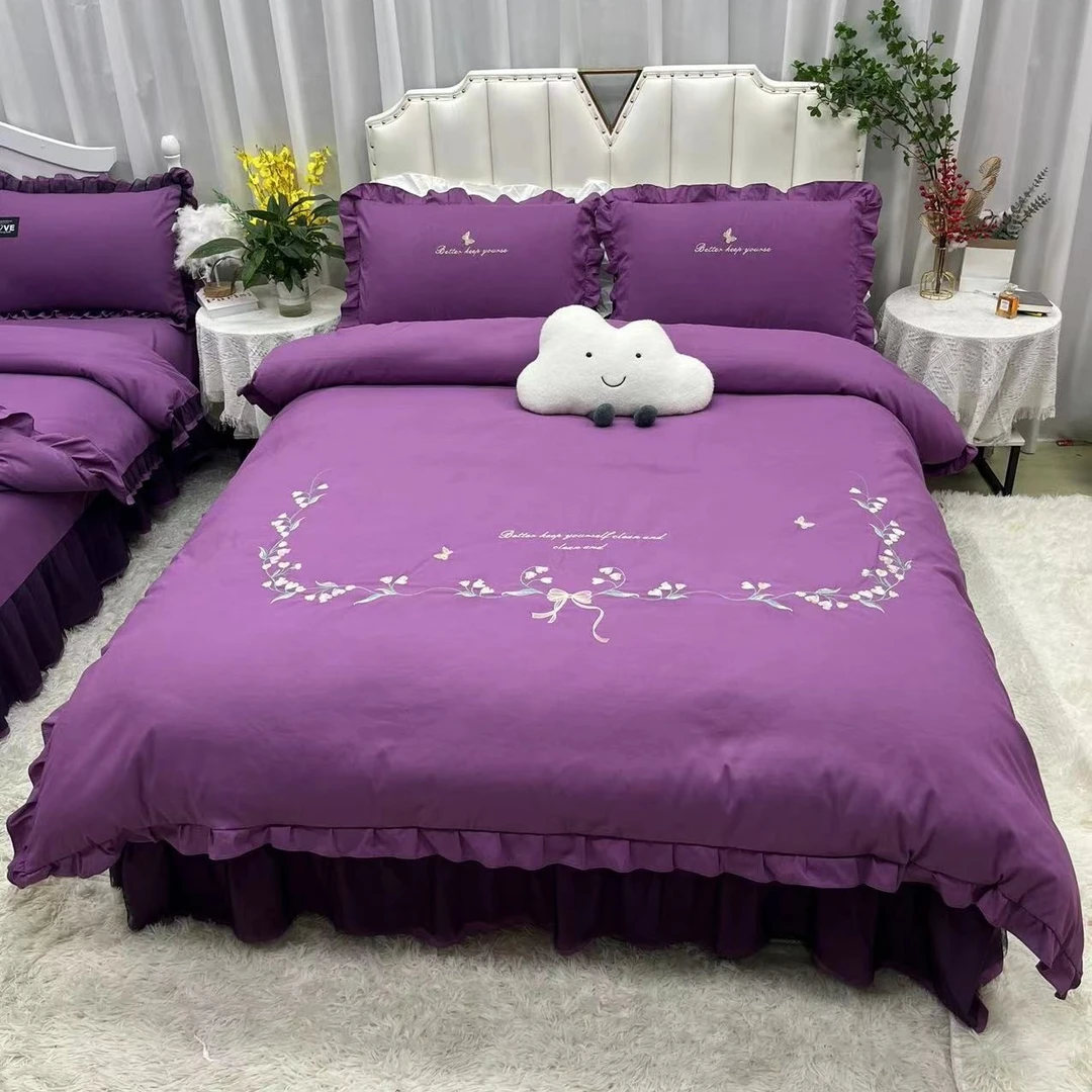 韩版纯色刺绣款简约大气亲肤磨毛床单款荷叶边床裙四件套四季款