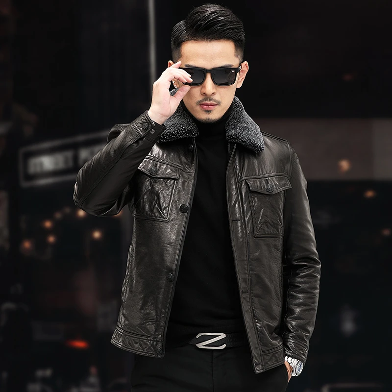 babibao/巴比豹【2238-1厚】海宁冬季男士保暖真皮白鸭绒服外套加绒