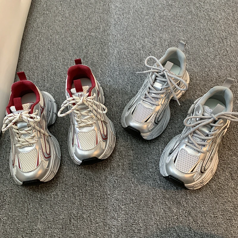 贾不假银色老爹鞋女款秋季新款小个子透气休闲鞋增高厚底鞋子ins