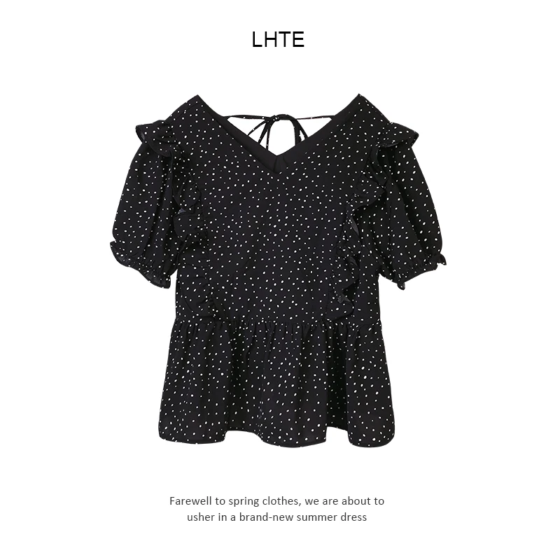 【青青定制】C8231夏季小众时尚波点黑色短袖上衣