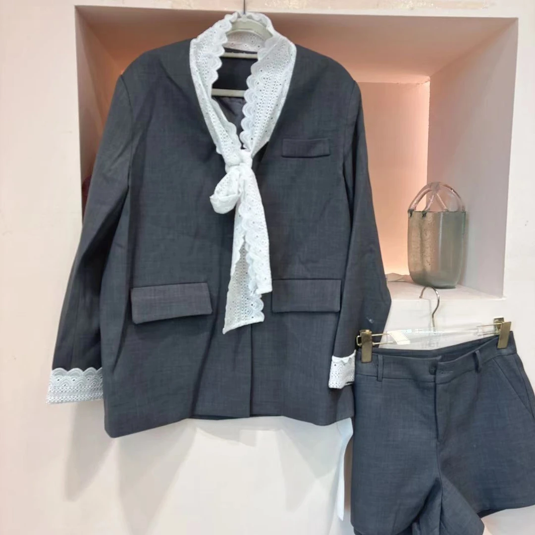 【青青定制】T0053灰色西装套装 蕾丝领西装外套+短裤