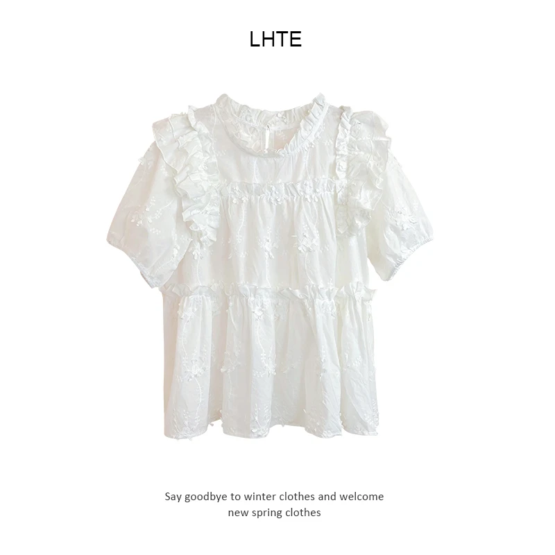 【青青定制】C9068时尚百搭圆领甜美白色小衫