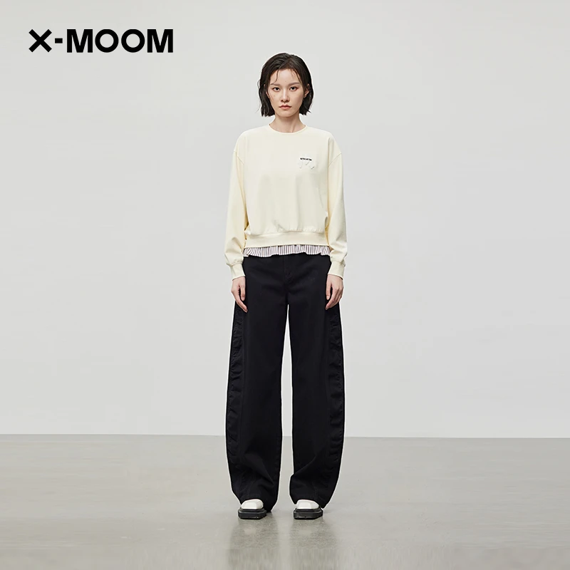 X--MOOM2024秋季新款设计感下摆拼接圆领长袖卫衣女ZXQIC82143