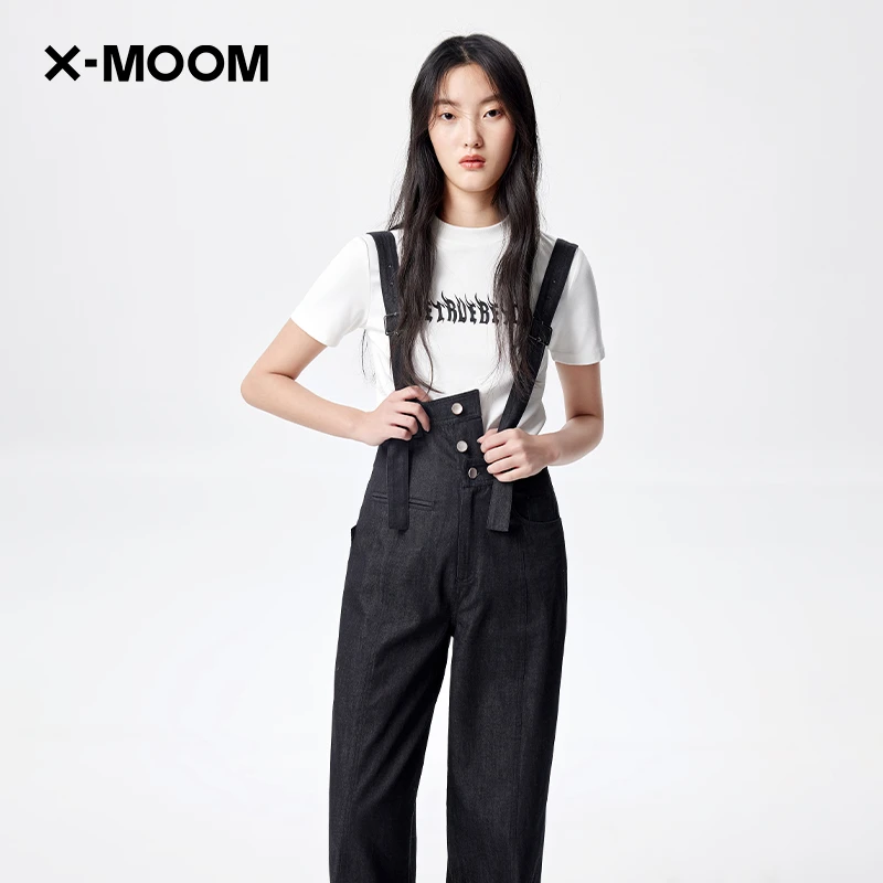 X--MOOM夏季新款女士减龄显瘦直筒背带牛仔阔腿裤ZVXNL18518