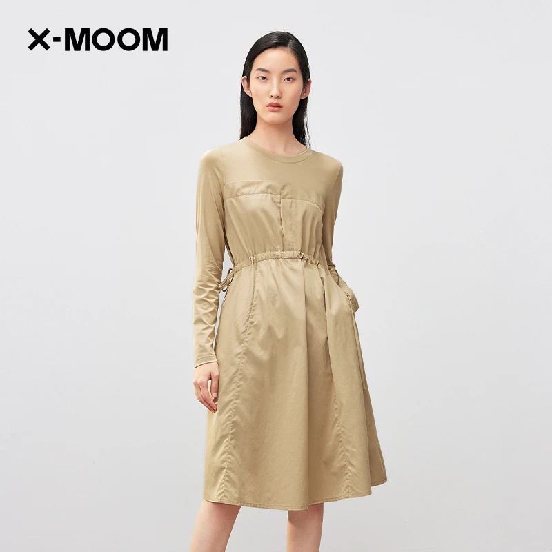 X--MOOM春季新款拼接圆领长袖连衣裙女简约卫衣裙子ZVCLZ50202