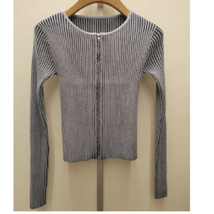 X-MOOM2024秋季女士新款高弹圆领坑条双开拉链针织衫ZXCDB81916