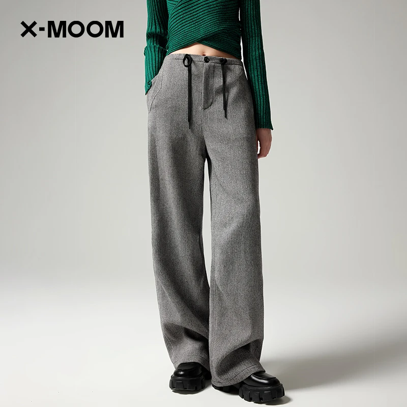 X-MOOM冬季女士新款人字纹抽绳收腰宽松显瘦工装长裤ZVDNI19283