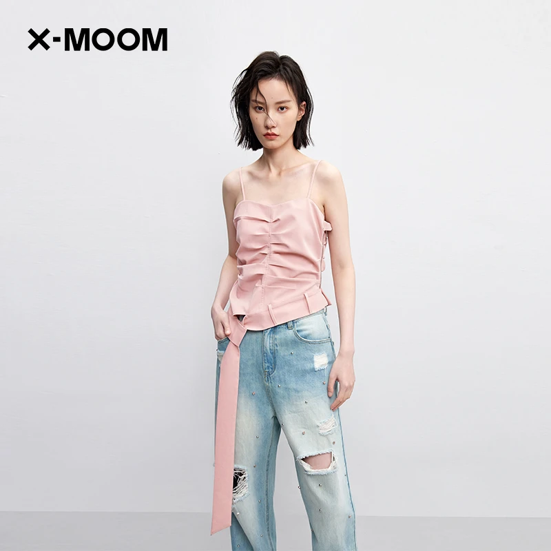 X--MOOM夏季新款女士前胸抽褶抹胸式吊带上衣背心ZWXBA81520