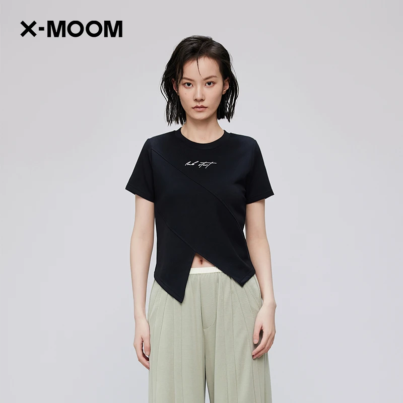 X-MOOM2024夏季新款斜角下摆绣花圆领短款短袖T恤ZXXT0713