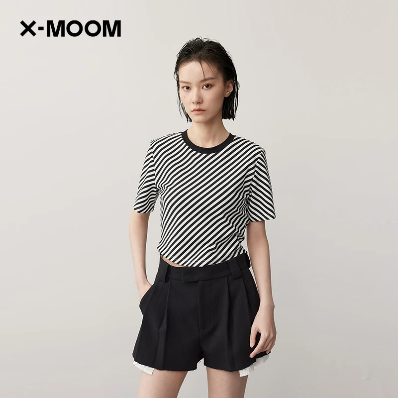 X-MOOM2024夏季新款设计感斜条纹露后腰系带短款T恤ZXXTA20626