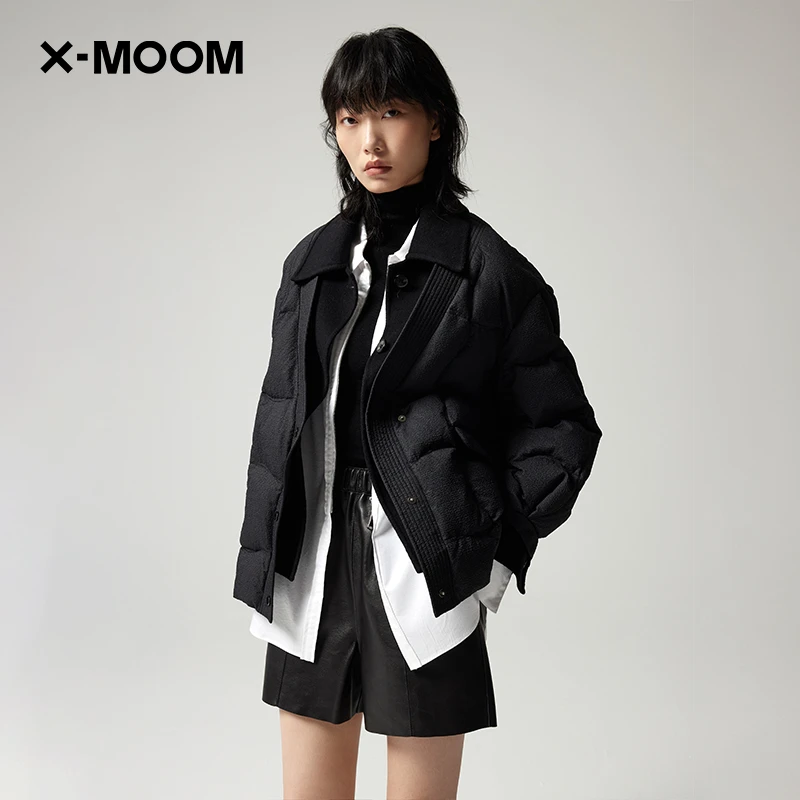 X--MOOM秋冬新款黑色拼接设计感短羽绒面包服外套女ZVDYY19172