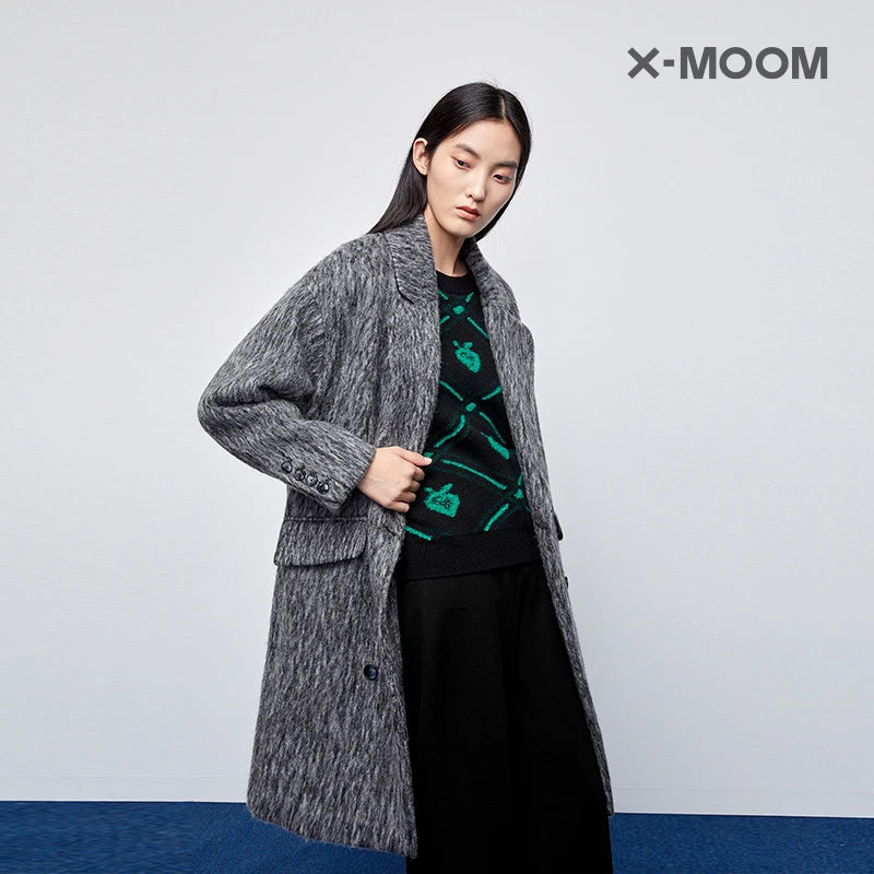 X-MOOM商场同款冬季秋冬时尚长毛宽松中长款大衣外套女ZUDFD17739