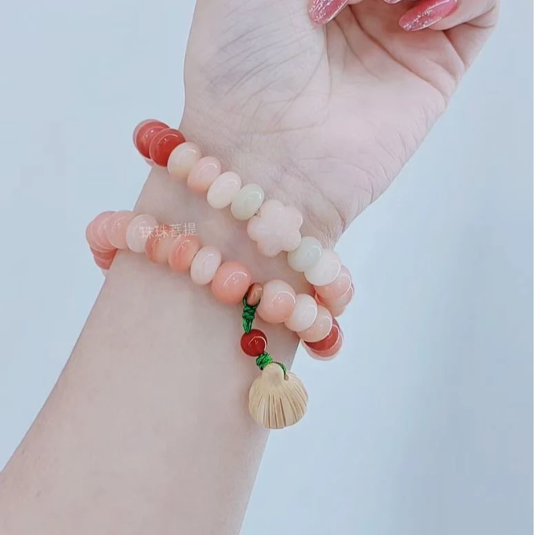 胭脂粉菩提双圈手串算盘珠菩提子精致小桃花并蒂莲心莲蓬文玩手作